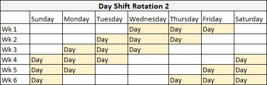 Day Shift Rotation 2 example template on a spreadsheet.