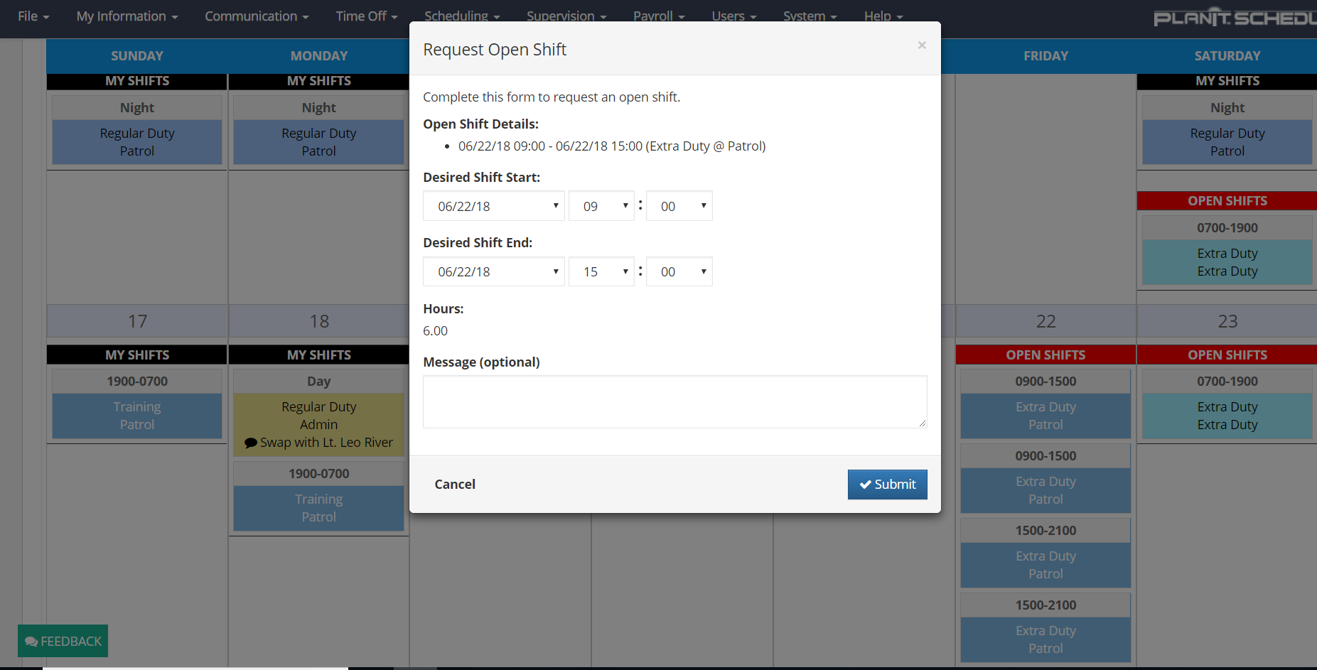 Form for officers to request an open shift in PlanIt Police scheduling software