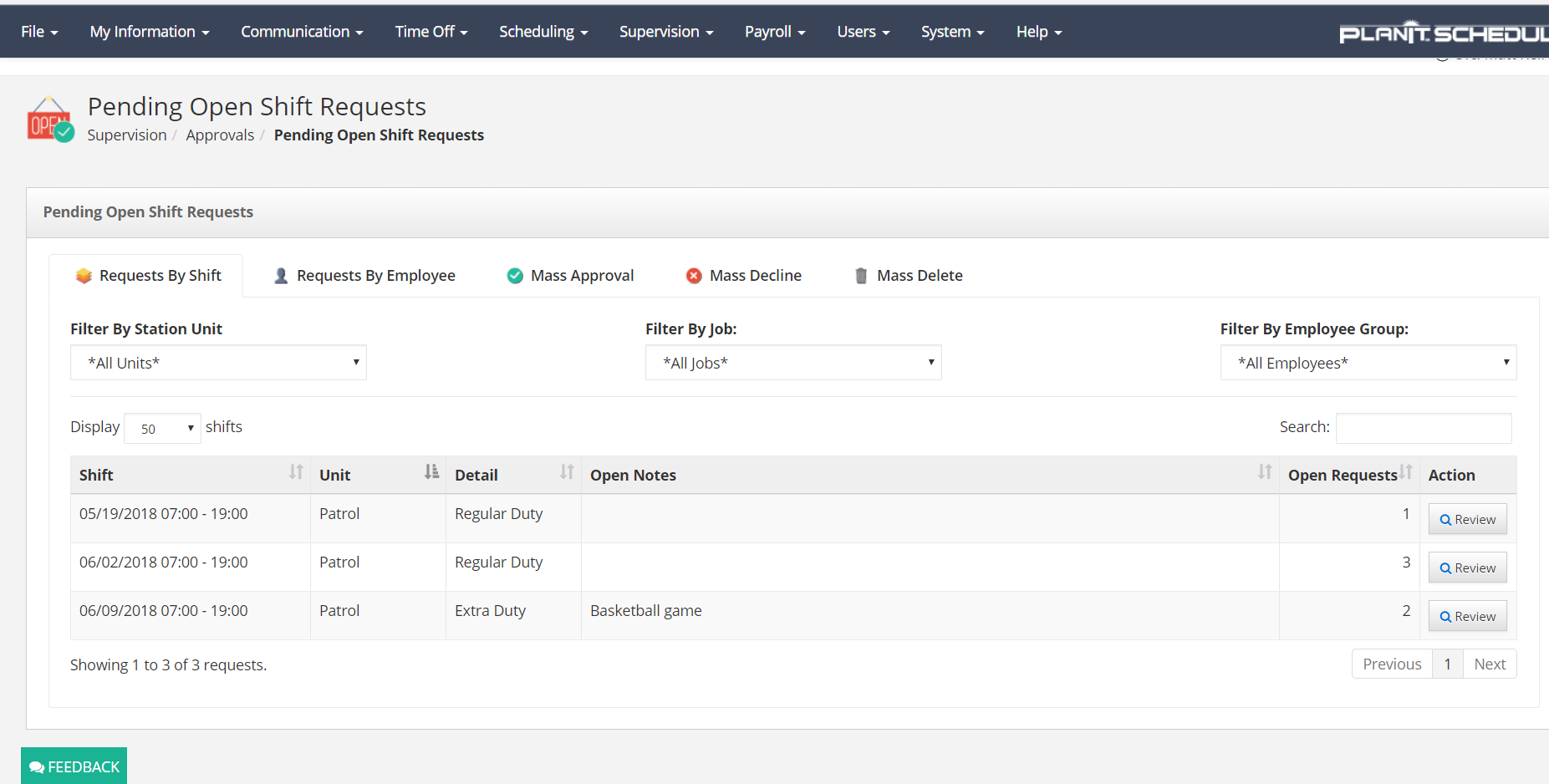 Pending openshift request screen in PlanIt Police Scheduling Software