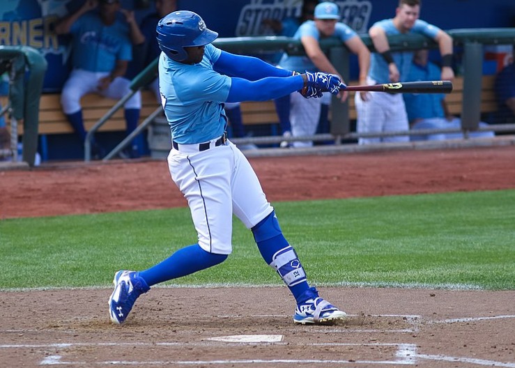 Jorge Soler of the Kansas City Royals displays a balanced and powerful swing during a Major League Baseball game.