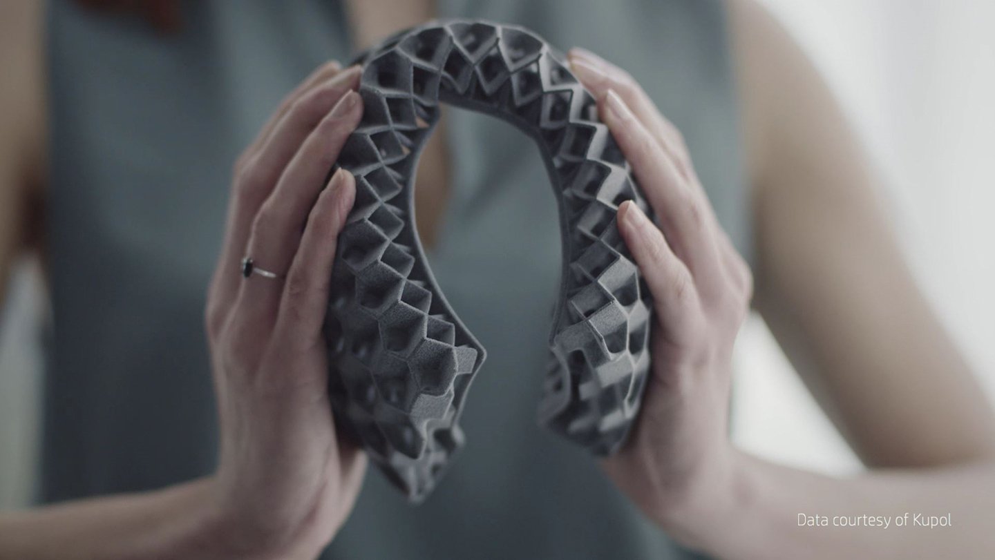 Helmet protection printed with HP JF 3D 5200 and BASF UltrasintTM TPU01 - material performance test - Data courtesy of Kupol