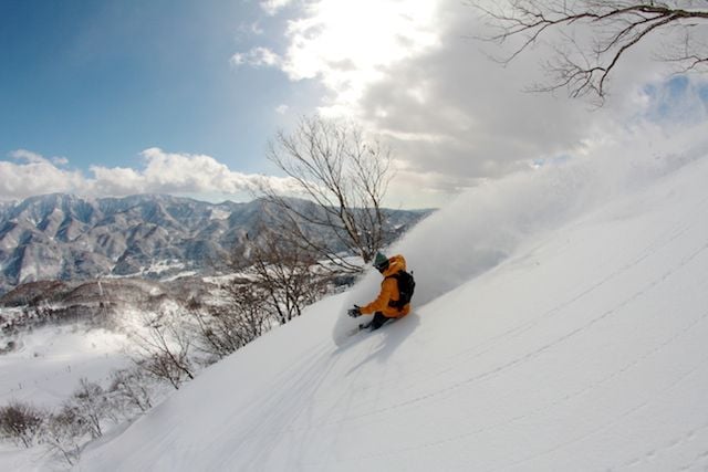 Snowboarder in deep powder on the slopes of Hakuba