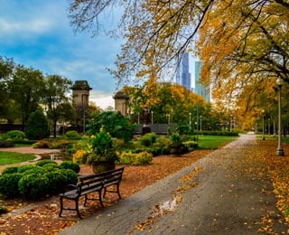  walking path with park bench in fall