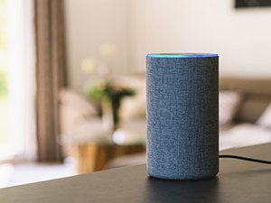  Amazon echo sitting on a kitchen counter in an apartment