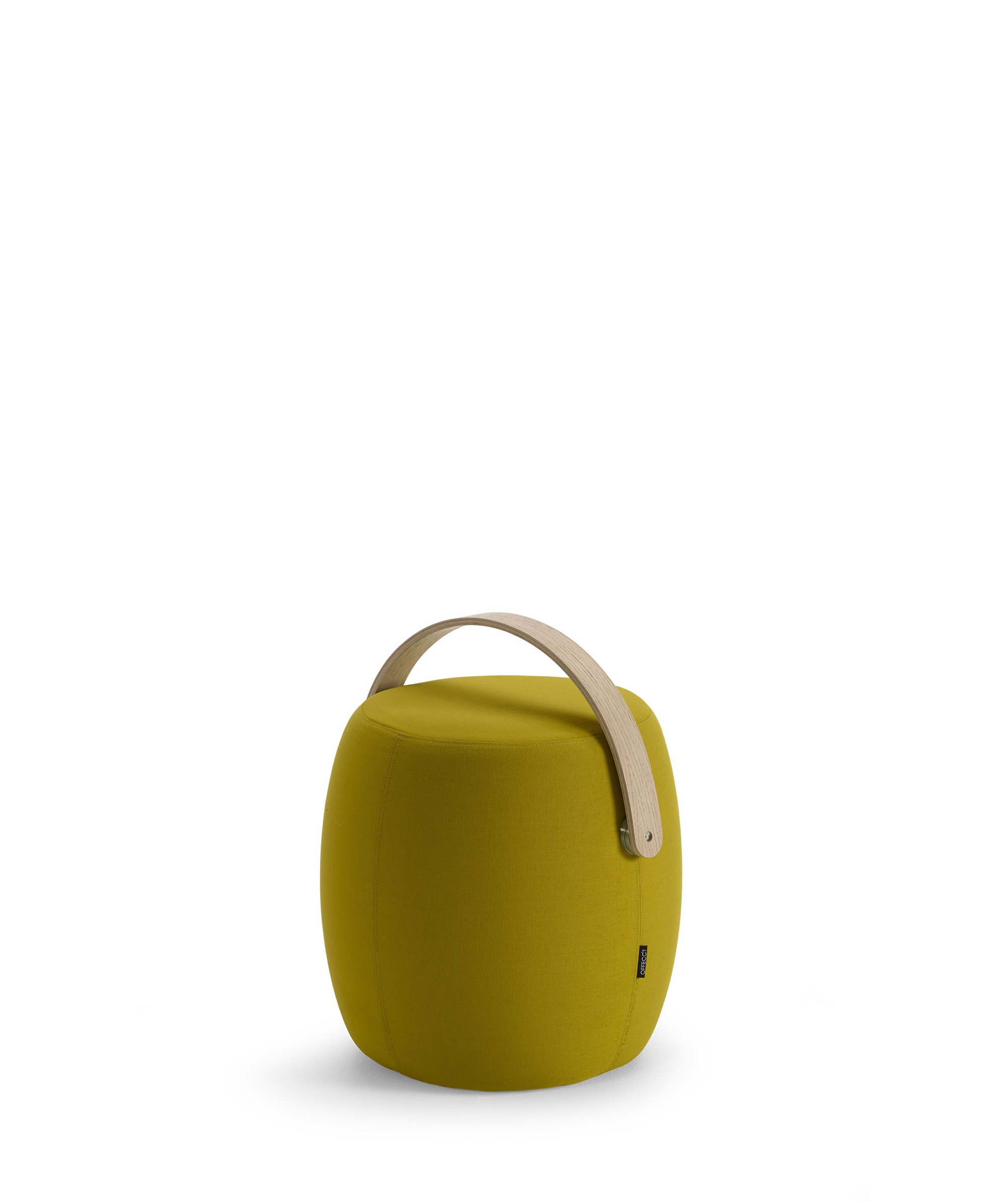 yellow fabric carry on stool with wooden curved handle by offecct