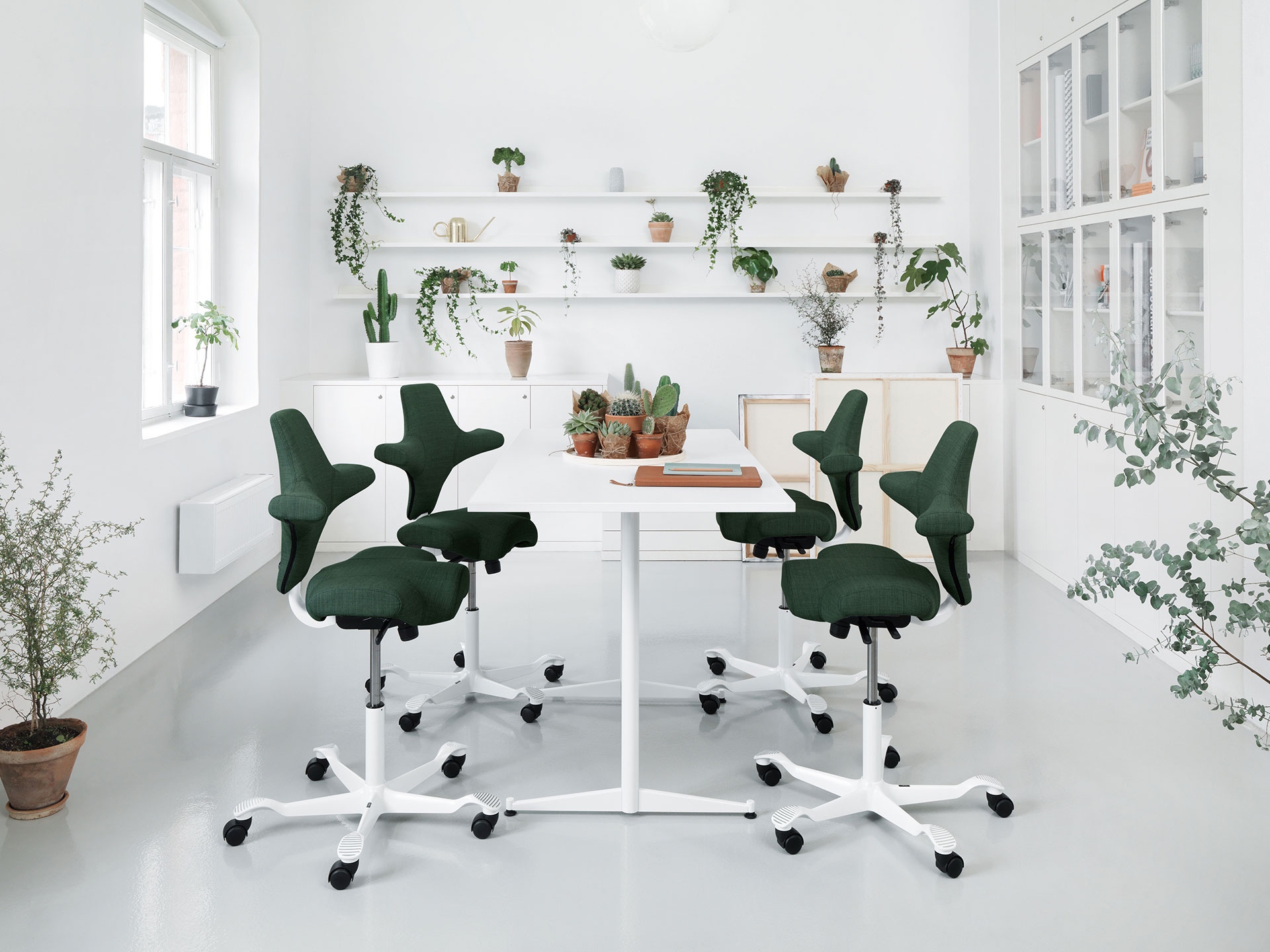 Four dark green HÅG Capisco chairs with white footbase arounf RBM Allround table in white with Cactus on the table and many plants in the white room.