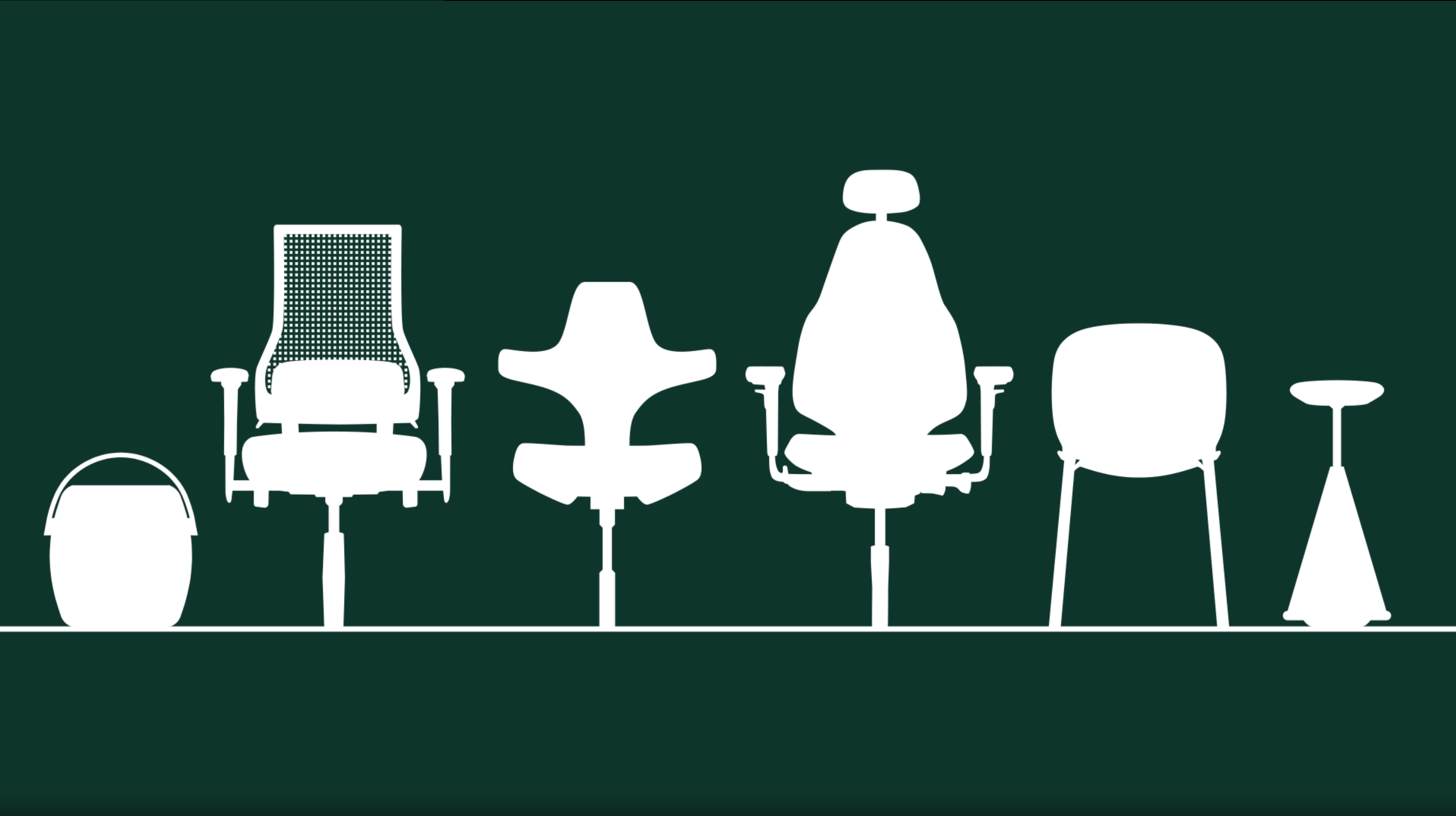 white silhouettes of 6 office chairs with dark green baackground