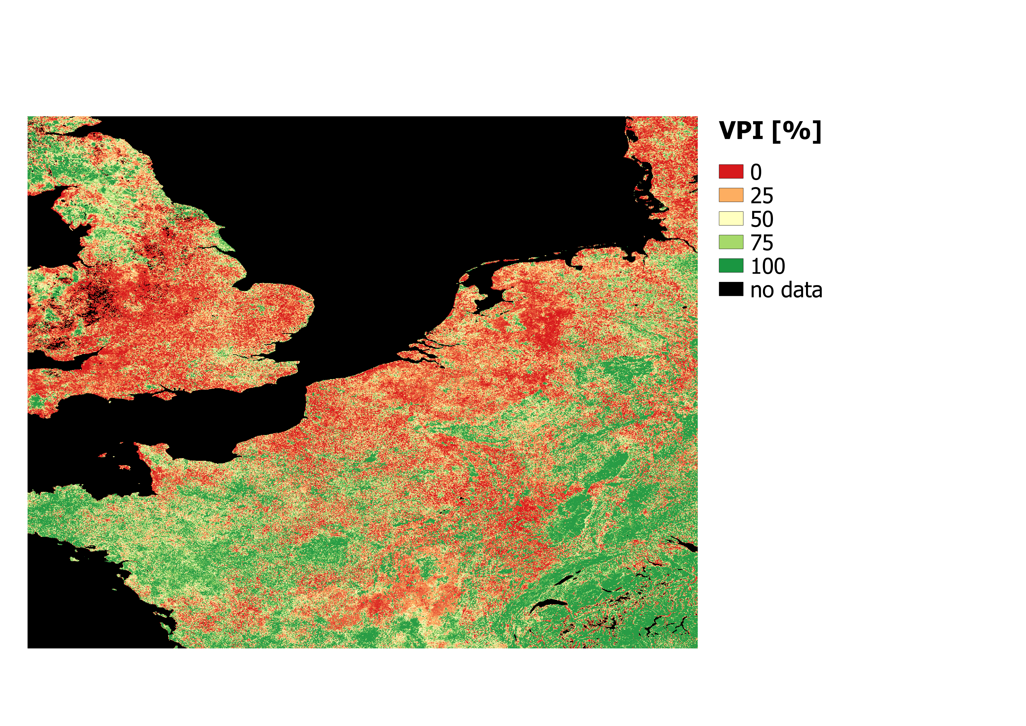 Vegetation Productivity Index (VPI) for the last dekad of July 2018 which clearly shows that the majority of the area in North western Europe is in the lowest 25% ever measured by satellite data