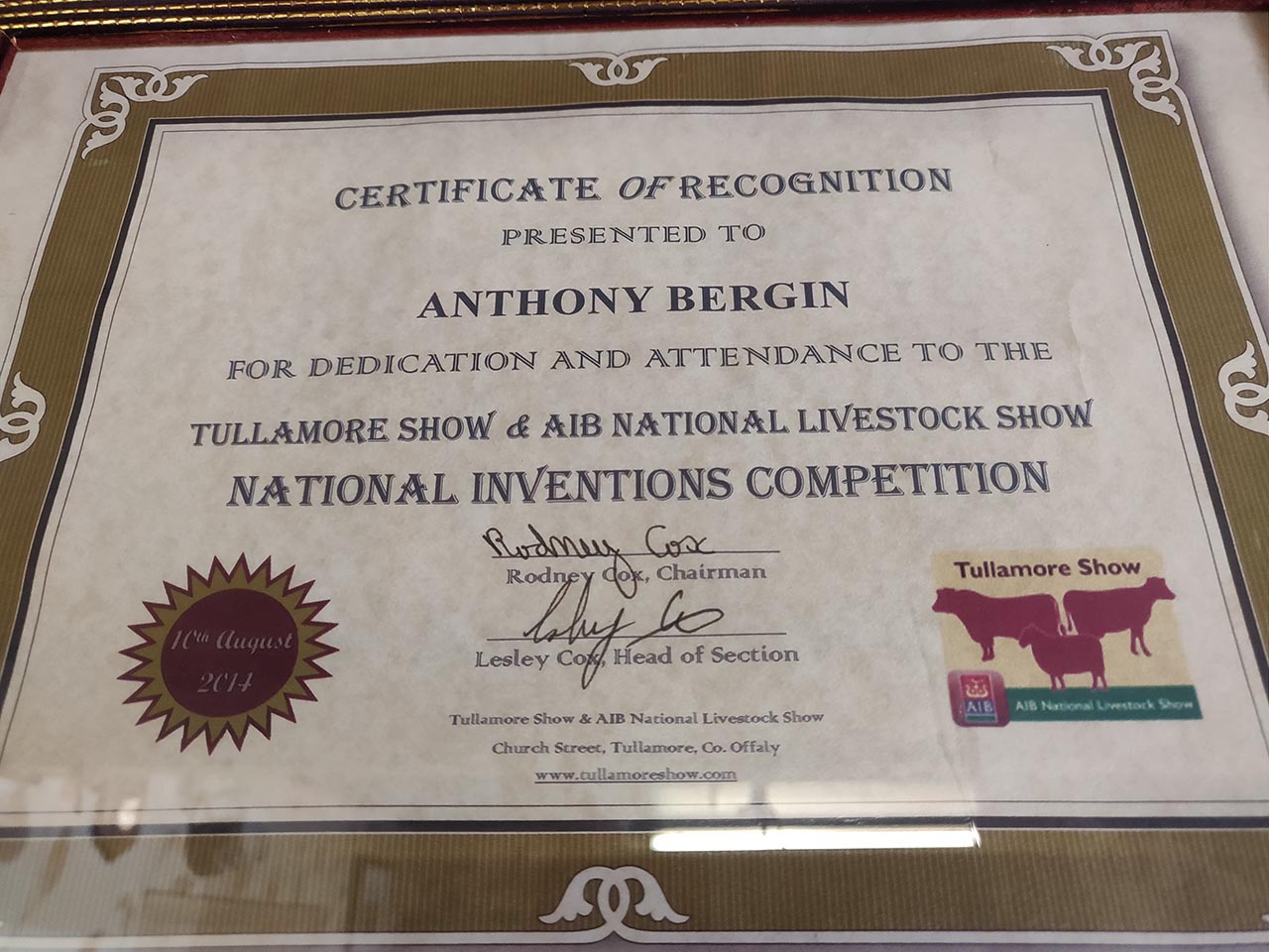 Tony Bergin Certificate of Recognition from Tullamore Show