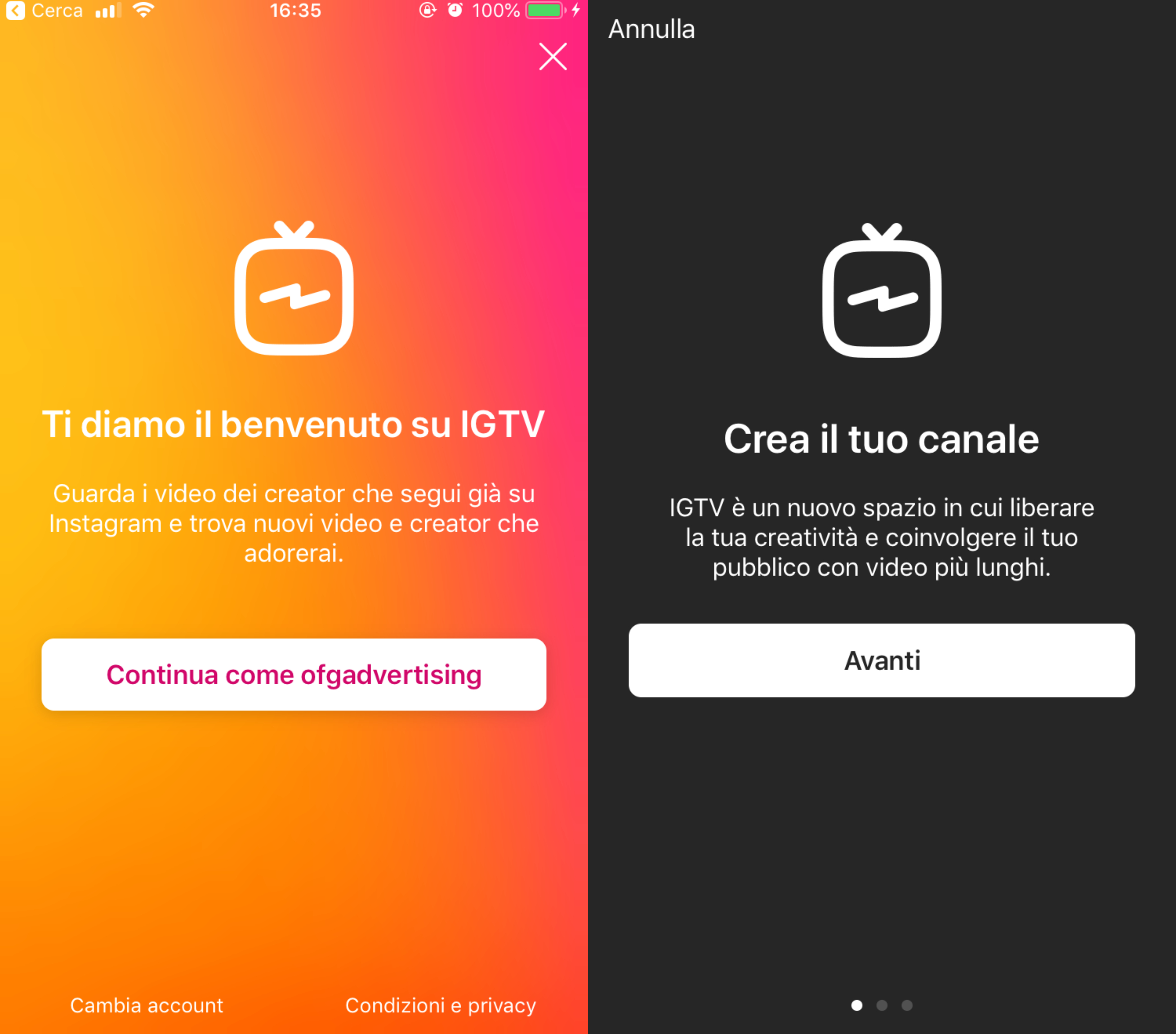 screenshot schermata di instagram per creare un canale su igtv