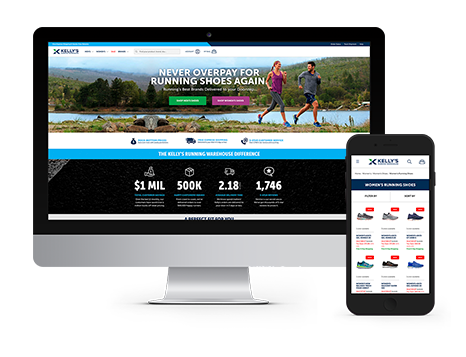 Kelly's Running Warehouse website displayed on desktop and mobile