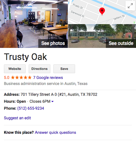 Trusty Oak Google Listing