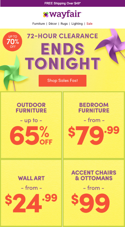 Wayfair email image for 72-hour clearance