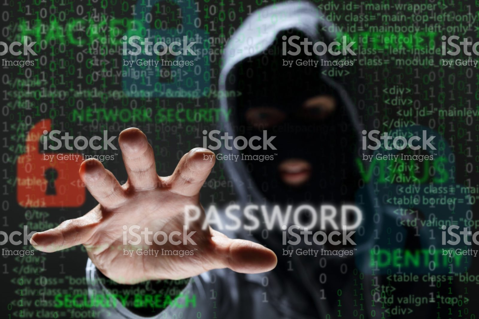Computer hacker silhouette of hooded man reaching and stealing network password to steal confidential data concept for security, encryption, crime and virus protection