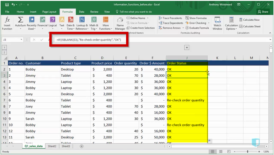 Using the ISBLANK function in Excel