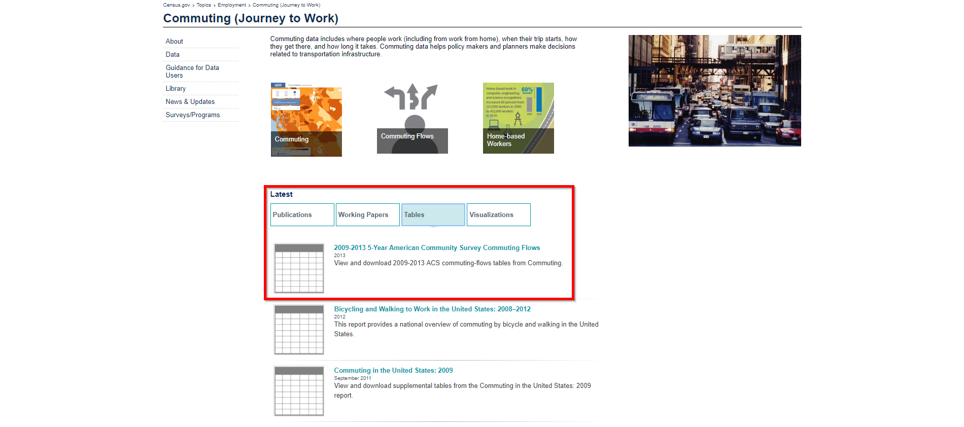 Commuting page on US Census Website