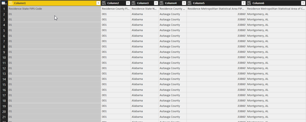 US Census data in Power BI Query Editor: Original Layout