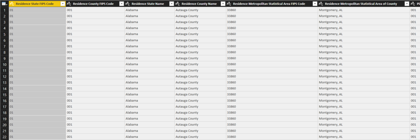 US Census data in Power BI Query Editor: Cleaned