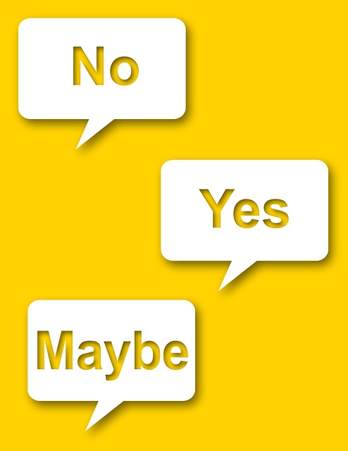 Speech bubbles with "no, yes, maybe" written on them.