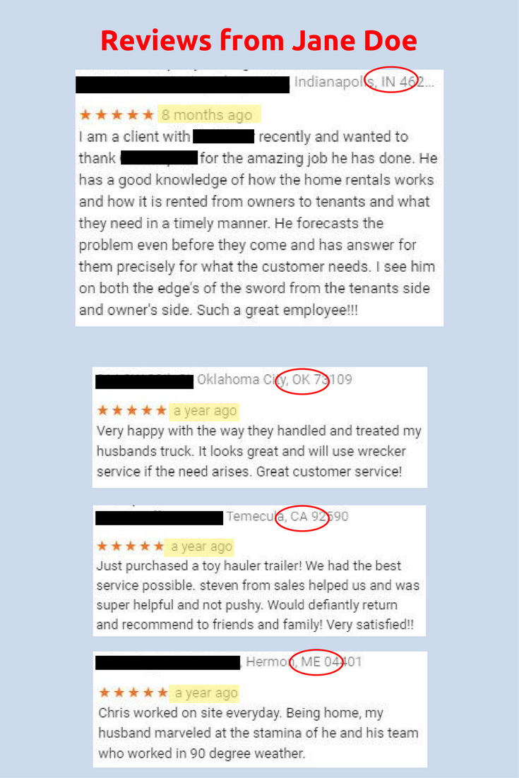 Fake reviews from Jane Doe