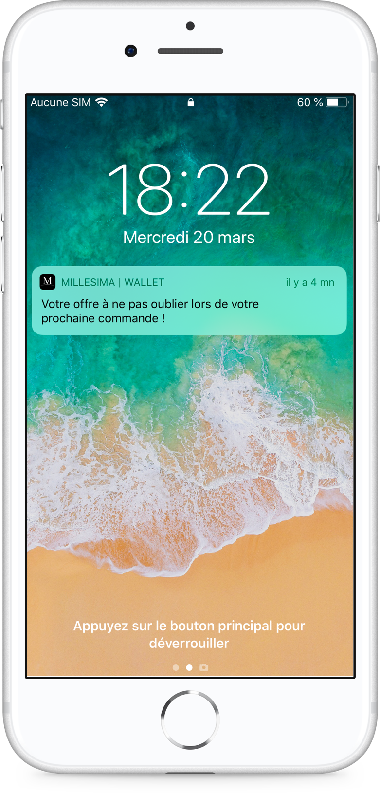 Notification push envoyée par Millésima grâce à la l'offre dématérialisée dans Apple Wallet