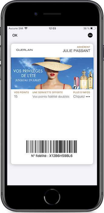 Mise à jour du programme de fidélité Guerlain importé dans les wallet mobile pour son offre dété 2019