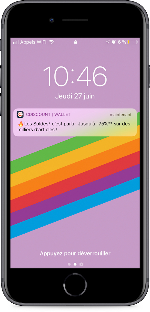 Notification push Cdiscount pour les soldes 2019 - campagne sur wallet mobile