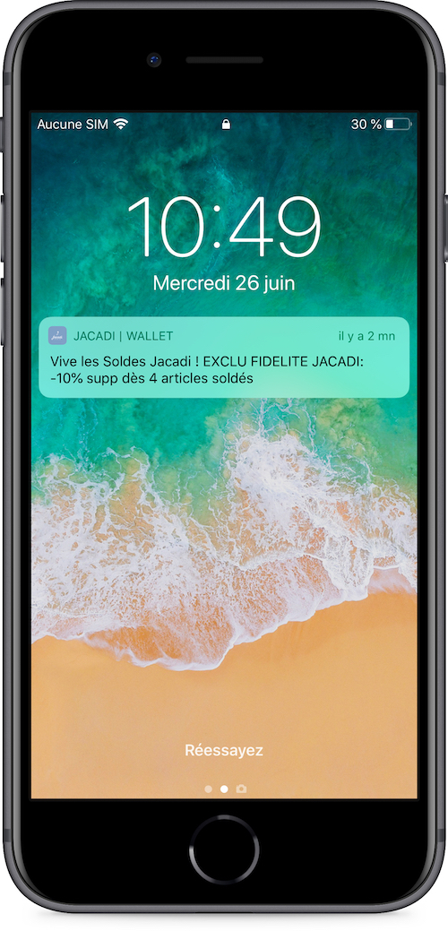 Notification push Jacadi pour les soldes 2019 - campagne sur wallet mobile