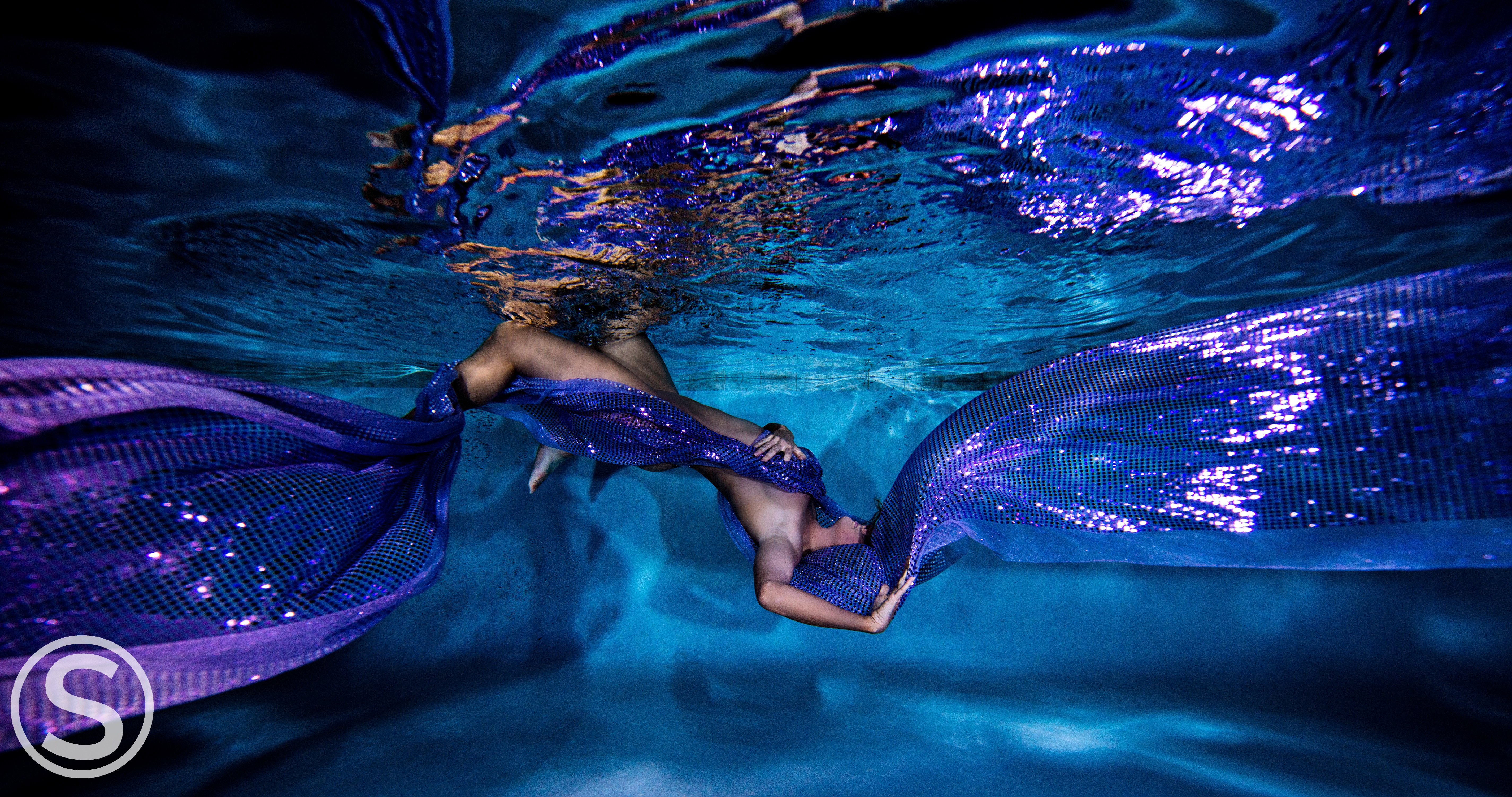 Fashion Photography Woman Under Water in Ultra Violet Sequin