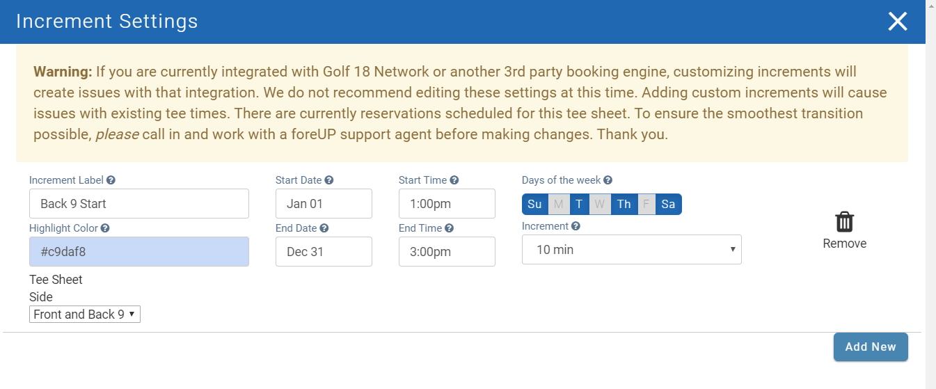 Highlight Tee Sheet_Increment Settings