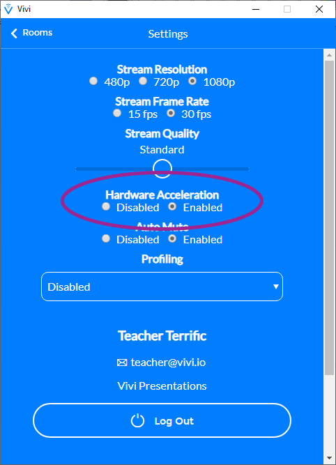 Windows Hardware Acceleration - Vivi App - circled