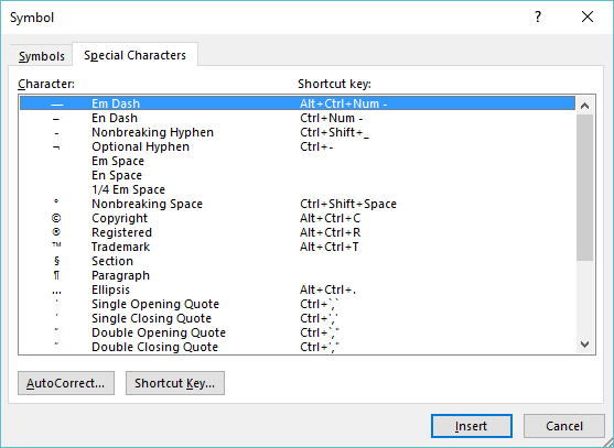 ms word shortcut keys for symbols