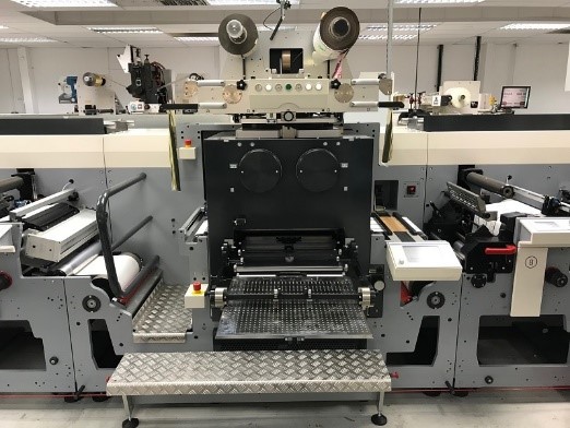 The MPS EF 430 flexo press integrated with an ABG Big Foot 50-ton hot foil and embossing module
