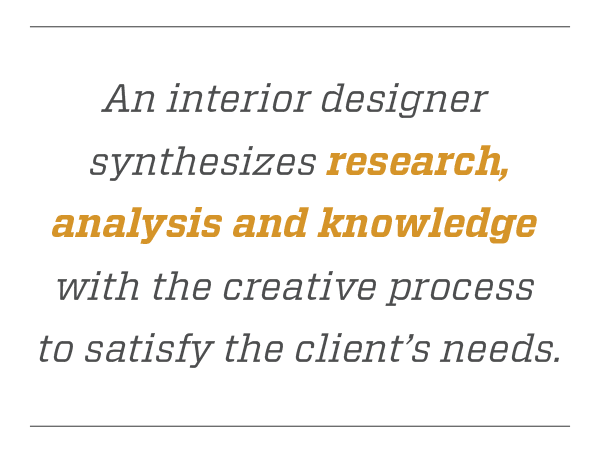 Quote graphic An interior designer synthesizes research, analysis and knowledge with the creative process to satisfy the client's needs.