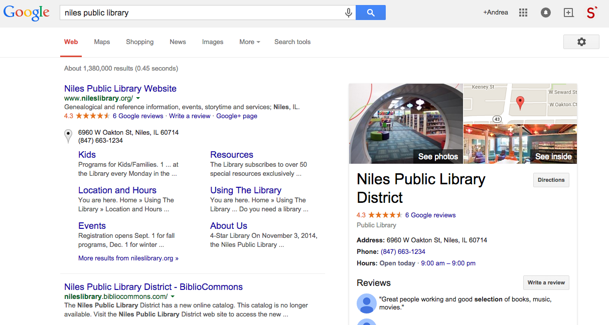 Niles Public Library search engine results page