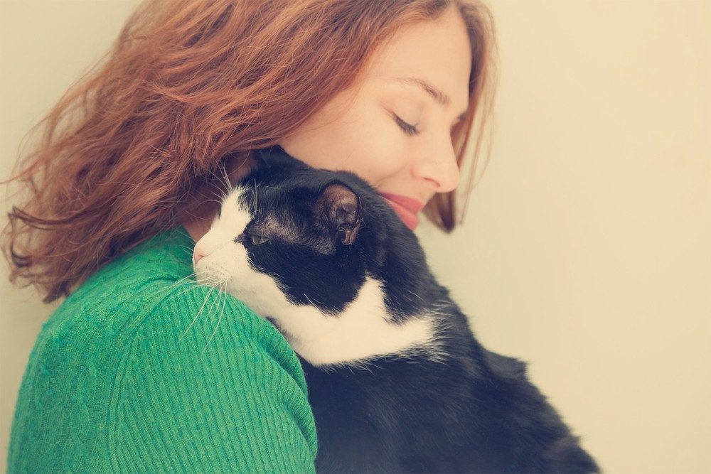 cat hugging owner