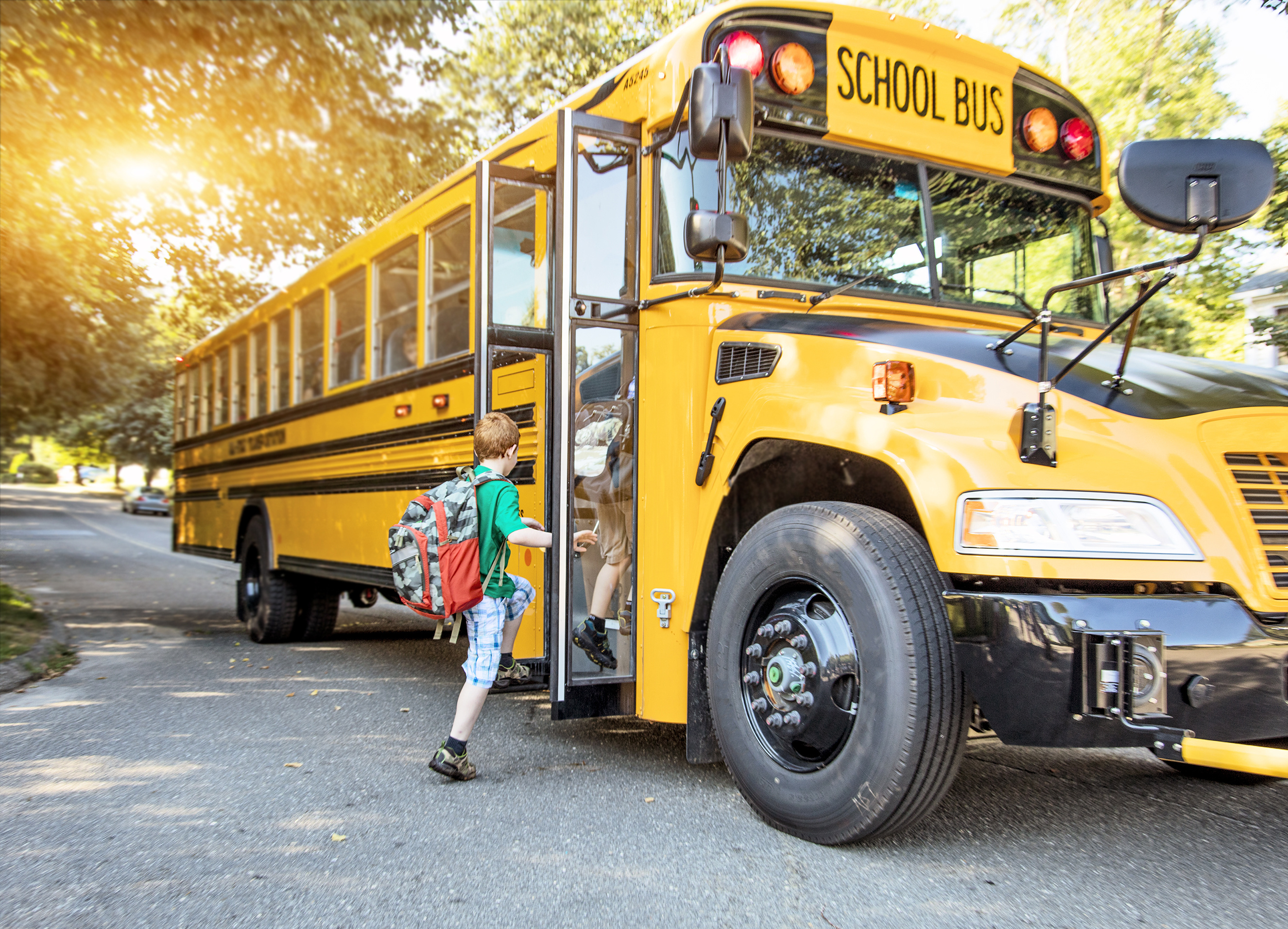 Young boy getting on school bus