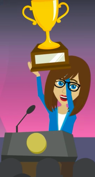 Animated C-style holding up trophy