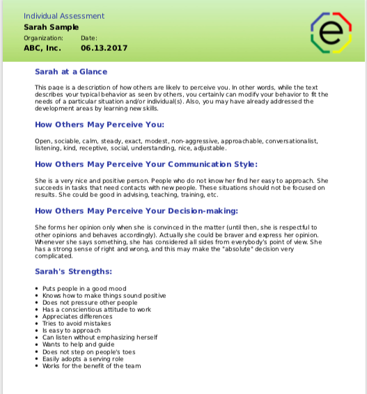 Extended DISC Individual Assessment At a Glance Section