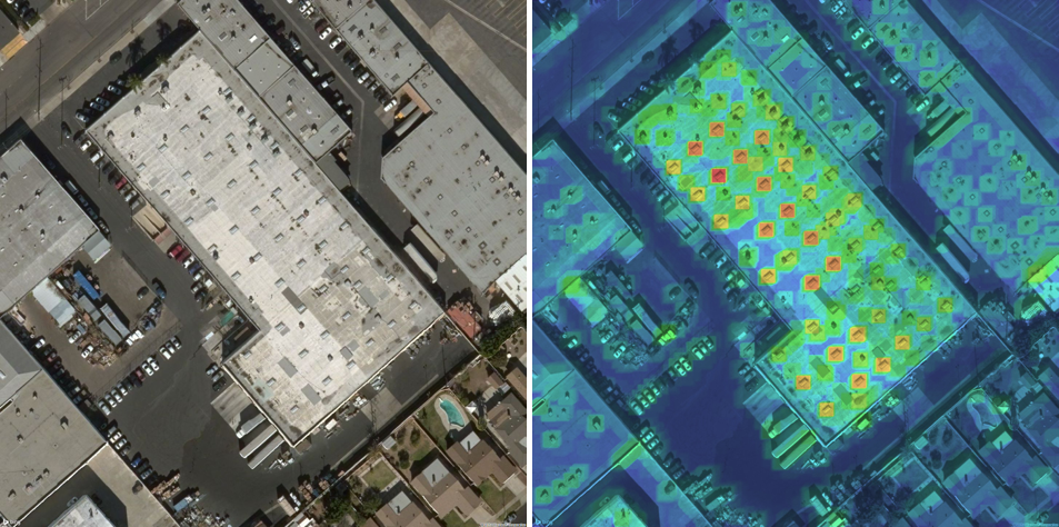 Satellite imagery showing obstructions on a commercial roof (left) and Aurora’s automatic identification of similar obstruction instances.