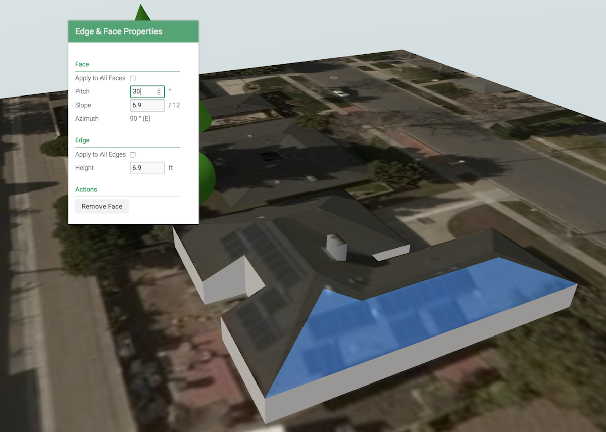 SmartRoof's inspector pop-up lets solar designers adjust roof face characteristics