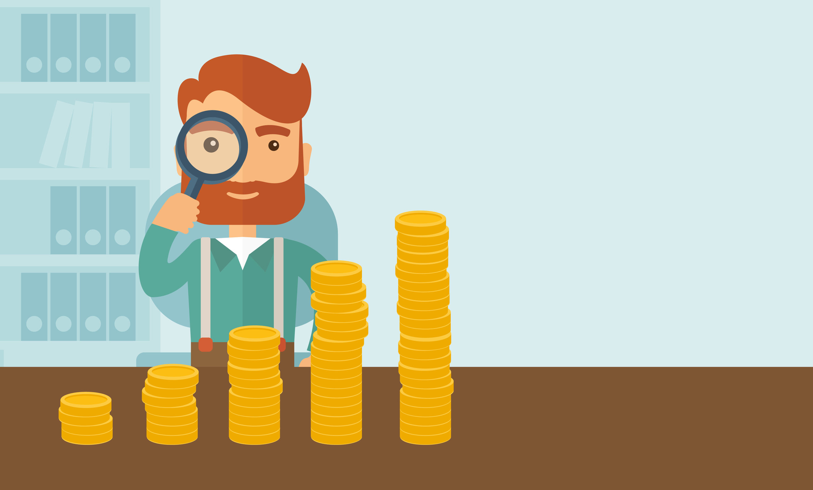 Man Looking Through Magnifying Glass at Stacks of Coins