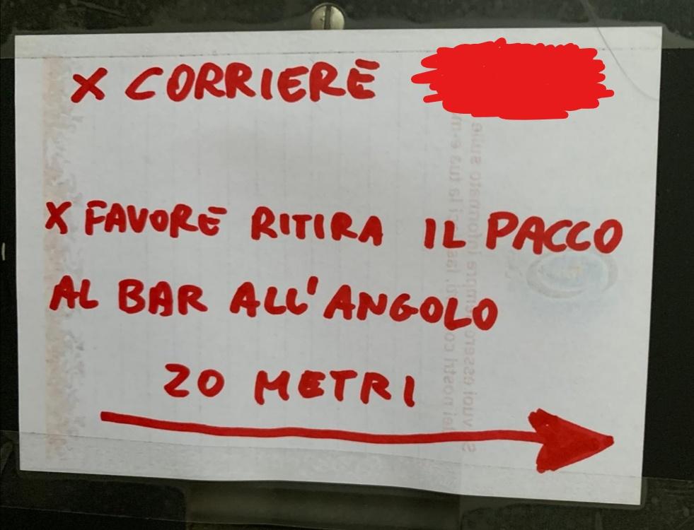 Please pick-up the package at the bar on the corner 20 meters