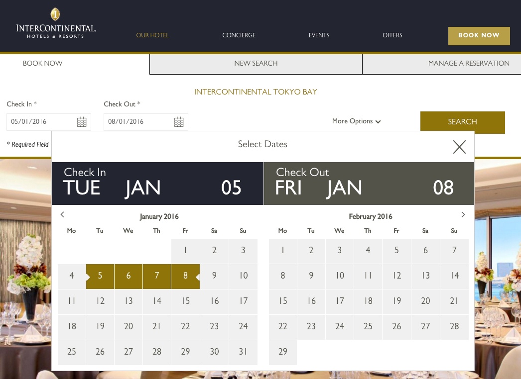 InterContinental Hotel website booking form