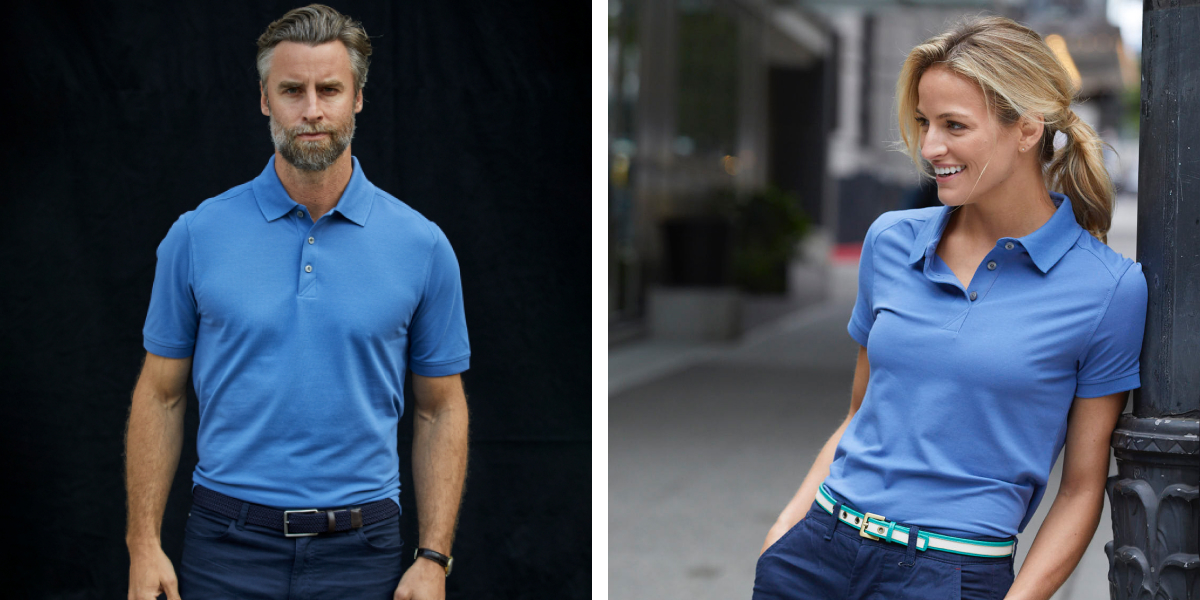 Man and woman wearing Cutter and Buck blue Advantage Polo