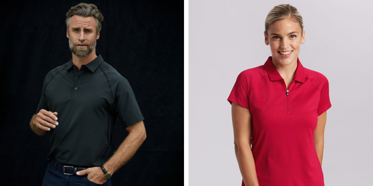 Man wearing Cutter and Buck black forge color and woman wearing Cutter and Buck red forge polo