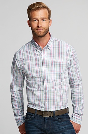 Man wearing Cutter & Buck Men's Anchor Multicolor Plaid Shirt