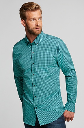 Man wearing Cutter & Buck Men's Anchor Gingham Tailored Fit Shirt