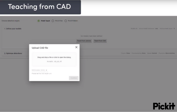 Upload CAD file screenshot from Pickit 3D software