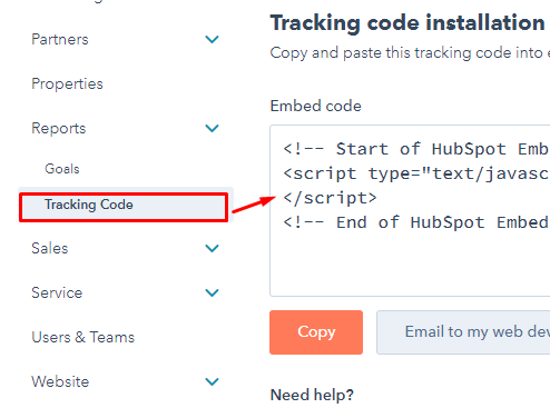 Step 2: Click on Reports > Tracking Code on the left-hand side menu.